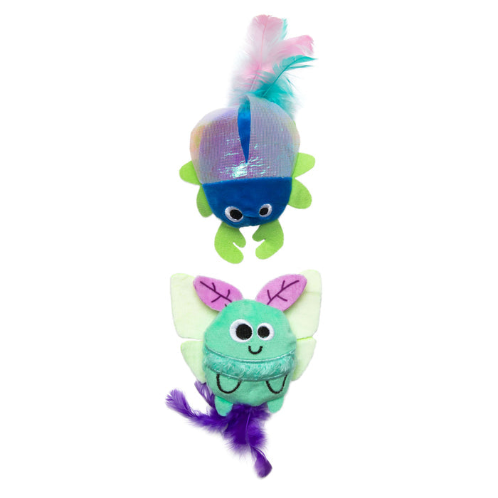 Quirky Kitty Luna Bugs 2pk—glow-in-the-dark cat toys for night hunting. Includes a blue-green beetle and green-purple butterfly, both with feathers and catnip & silvervine, perfect for playful cats.