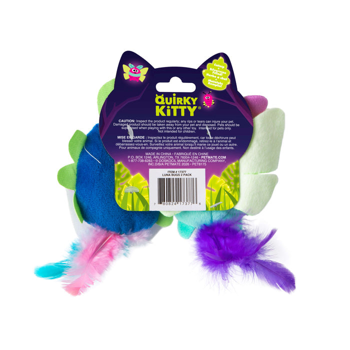 The Quirky Kitty Luna Bugs 2pk includes two glow-in-the-dark, catnip and silvervine cat toys. Packaged under the Quirky Kitty brand, the back label features a purple cat shape with product info, warnings, and barcode.