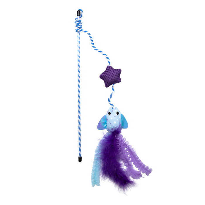 The Quirky Kitty Manta Ray Wand – Interactive Cat Wand Toy with Catnip features a blue and white striped handle, twisted string, purple star, and a blue mouse with purple ears plus long curly purple and blue tails.