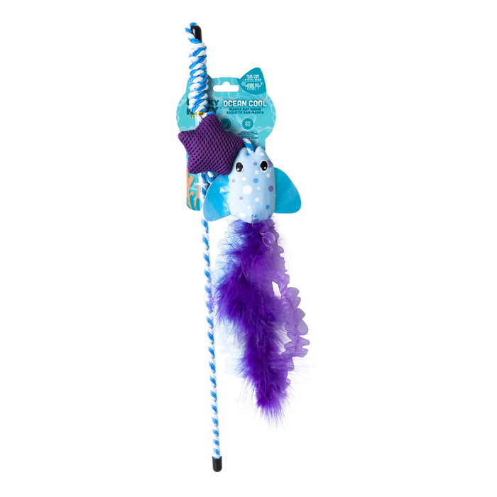The Quirky Kitty Manta Ray Wand, an interactive cat toy with catnip, features a blue and white plush fish, a purple star, and purple feather and ribbon accents on a striped stick, all by Quirky Kitty.