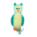 The Quirky Kitty Night Owl Kicker is a glow-in-the-dark catnip & silvervine toy shaped like an owl with turquoise and light green fur, large eyes, orange beak and feet—a perfect kicker toy for your playful feline.