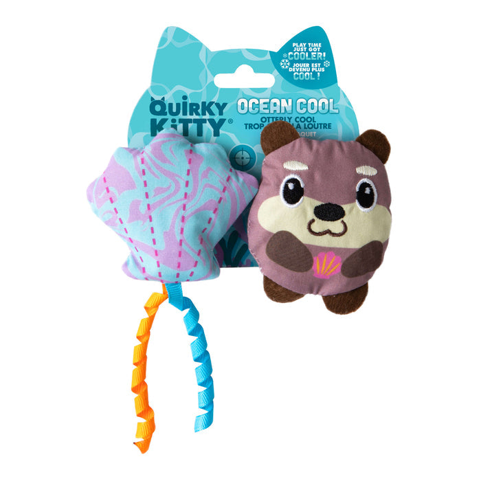 The Quirky Kitty Otterly Cool 2-Pack includes a plush purple seashell and a smiling brown otter holding a pink shell, both with catnip, in bright blue Ocean Cool packaging—fun ocean-themed sensory toys for your cat.
