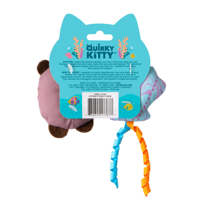 Quirky Kitty Otterly Cool 2-Pack features ocean-themed cooling cat toys with catnip in playful blue packaging, showcasing two cat toys with curled ribbon tails, product info, and a barcode. Brand: Quirky Kitty.