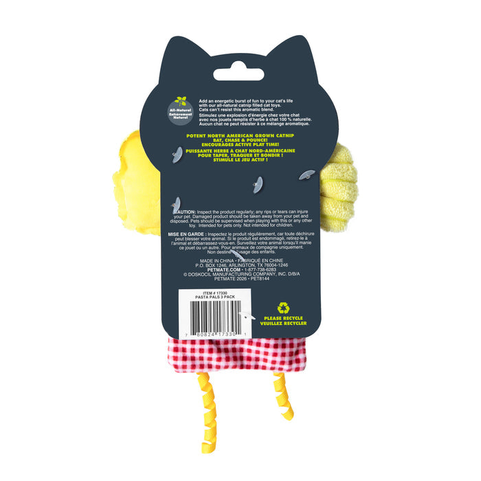 Quirky Kitty Pasta Pals 3-Pack Cat Toy Set with Catnip comes in cat head-shaped packaging featuring yellow plush arms, a red and white checkered body, yellow ribbon legs, and info on the back—perfect for fans of Quirky Kitty cat toys.