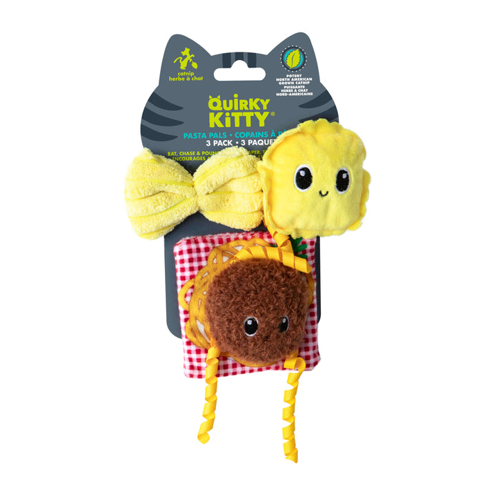 The Quirky Kitty Pasta Pals 3-Pack Cat Toy Set with Catnip features plush pasta-shaped toys—a yellow bowtie, smiling ravioli, and spaghetti meatball—packaged on a cute cat-shaped card.