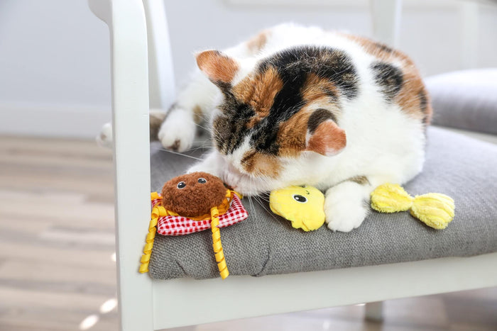 A calico cat lounges on a gray cushioned chair, resting among three Quirky Kitty Pasta Pals catnip toys—a brown one with checkered legs, a yellow chick-shaped toy, and one with a yellow bow—from Quirky Kitty.