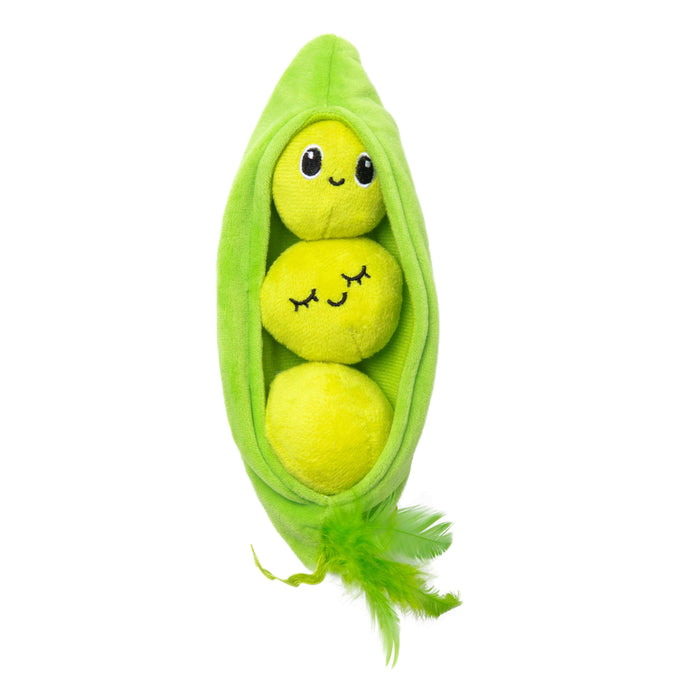 The Quirky Kitty Pea Pawd Kicker – Large Catnip Cat Kicker Toy features a plush green pea pod with three smiling yellow-green peas, one with closed eyes, plus a cute green feather at the bottom.