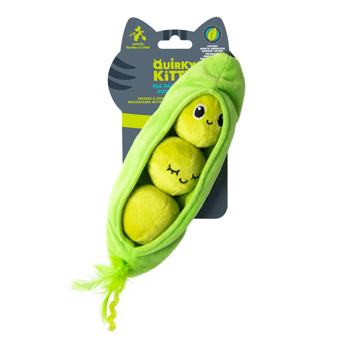 The Quirky Kitty Pea Pawd Kicker – Large Catnip Cat Kicker Toy features a plush green pea pod with three peas—two sleeping, one smiling—on a blue and yellow Quirky Kitty backing, making it perfect for playful cats.