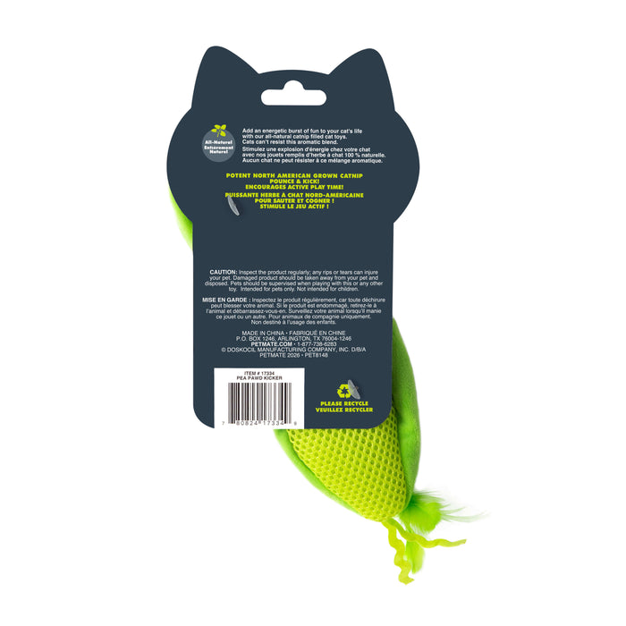 Back view of Quirky Kitty Pea Pawd Kicker – Large Catnip Cat Kicker Toy package shows a green mesh toy inside and displays product info, cautions, and recycling details on a gray background with yellow and white text.