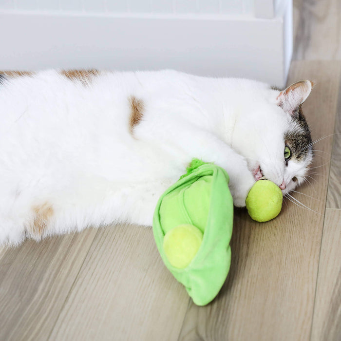 A white cat with brown spots lies on a wooden floor, playfully biting the Quirky Kitty Pea Pawd Kicker – a large catnip kicker toy shaped like a pea pod with two tennis ball-like peas, by Quirky Kitty.