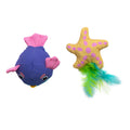 The Quirky Kitty Pufferfish Pals Cat Toys 2-Pack features fun blue and pink fish and yellow starfish designs with feathers. Infused with cooling catnip, these ocean-themed toys are perfect for playful cats.