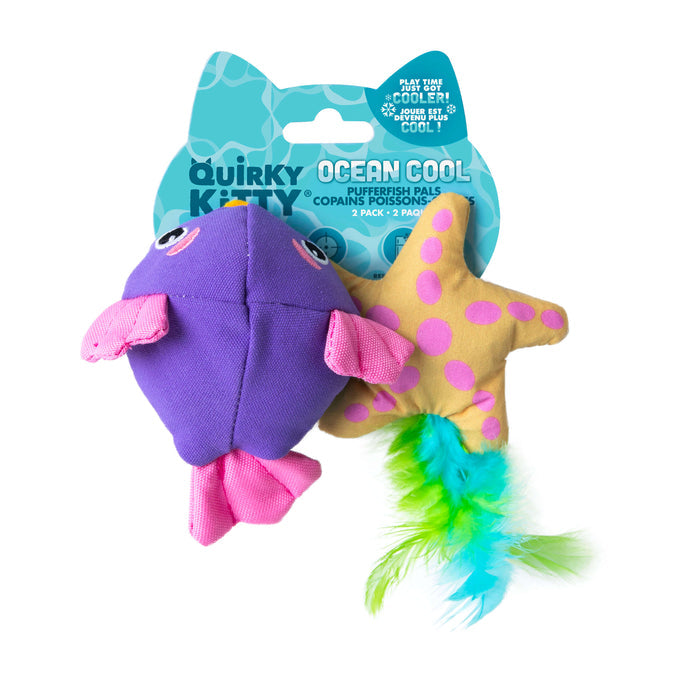 Quirky Kitty Pufferfish Pals Cat Toys 2-Pack includes a purple fish with pink fins and a tan starfish with pink spots and green-blue feathers. Filled with cooling catnip—perfect playful ocean toys for curious cats!.