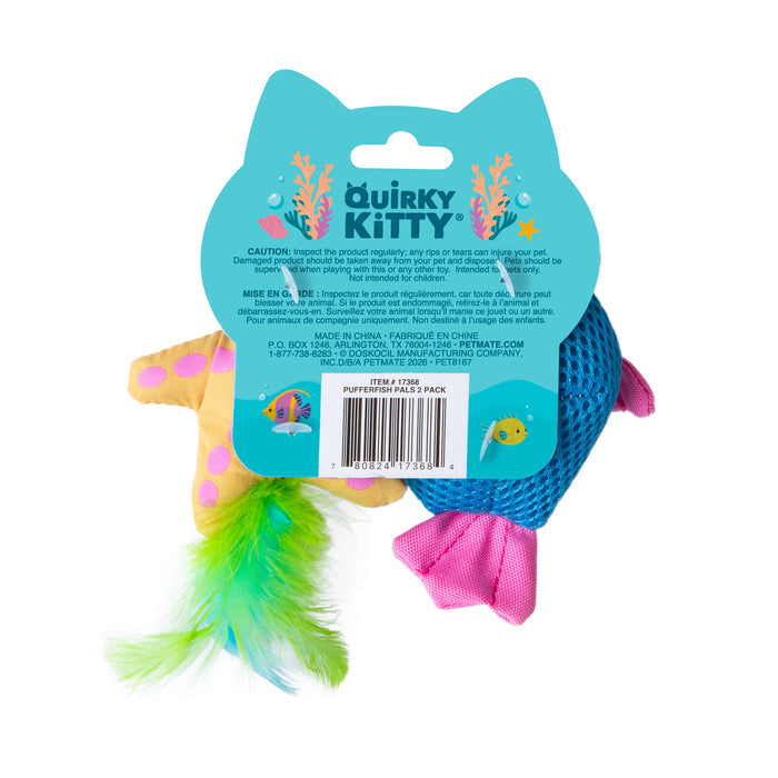 The Quirky Kitty Pufferfish Pals Cat Toys 2-Pack features a yellow starfish with green spots and a feather, plus a blue fish with pink fins, both attached to blue cardboard backing labeled Quirky Kitty.