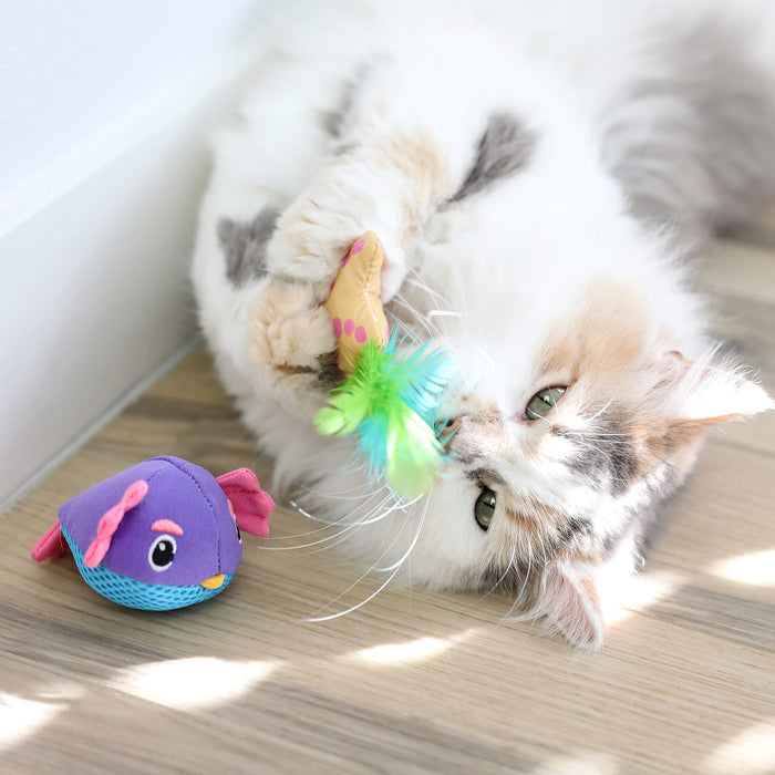 A fluffy white and brown cat lounges on a wooden floor, playing with Quirky Kitty Pufferfish Pals Cat Toys by Quirky Kitty as sunlight streams in; a second colorful ocean-themed toy rests nearby.