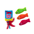 The Quirky Kitty Sassy Fish 4-Pack Cat Toys with Catnip by Quirky Kitty features three colorful plush fish (green, orange, pink) and a blue Sassy Fish packet with red feathers—fun interactive toys for playful cats.