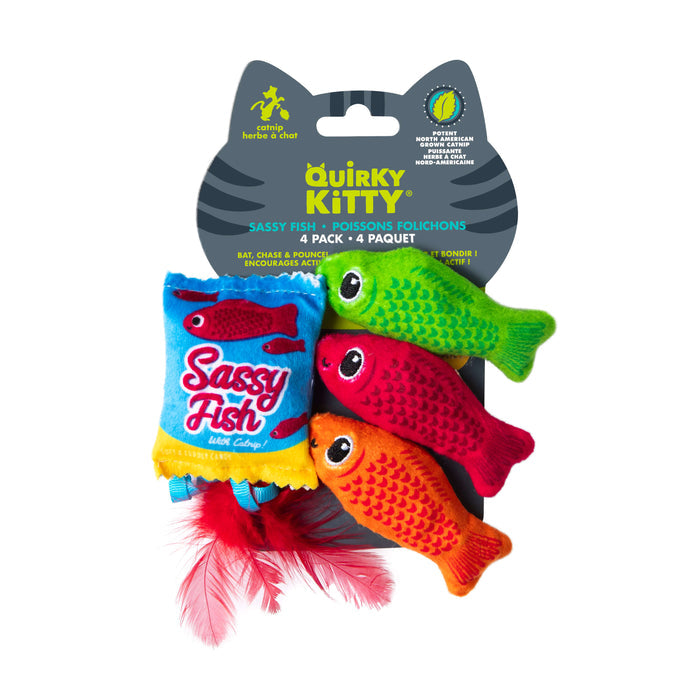 The Quirky Kitty Sassy Fish 4-Pack Cat Toys with Catnip by Quirky Kitty includes three colorful fish-shaped plush toys (red, green, orange) with red feathers and a blue catnip pouch labeled "Sassy Fish.