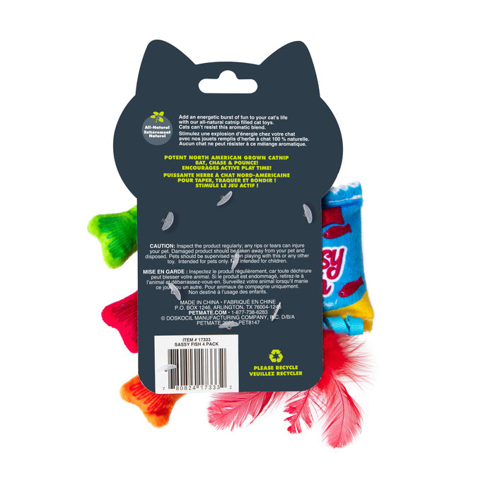 The Quirky Kitty Sassy Fish 4-Pack Cat Toys with Catnip features colorful fish-shaped plush toys with feathers, packaged in a cat-shaped pack. The back label includes care and caution info plus product details in English and French.
