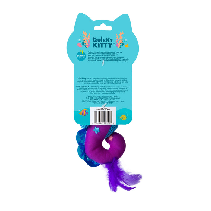 Back packaging of a Quirky Kitty Sea Horse Kicker, an ocean-themed cat kicker toy with catnip, featuring a plush sea horse design. The packaging displays product info, warnings, and company details. Brand: Quirky Kitty.