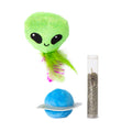 The Quirky Kitty Space Adventure Refillable Catnip Toy 2-Pack by Quirky Kitty includes a green alien-head cat toy with feathers, a blue plush planet toy with a gray ring, and comes with a clear tube of dried catnip.