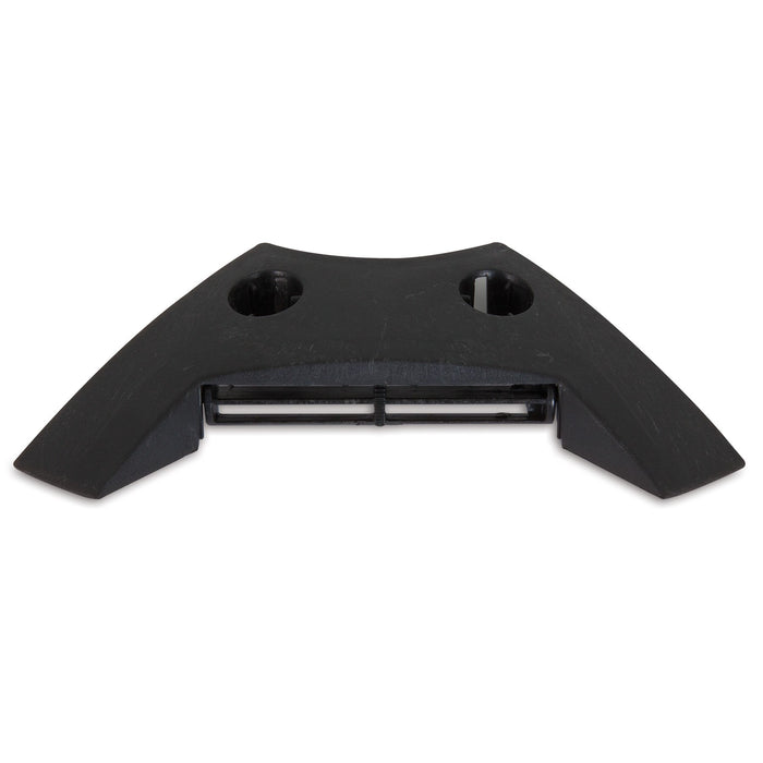 Petmates Replacement Vent for Indigo Shelter is a black plastic component with a curved design, featuring two round holes on top and a rectangular opening near the bottom. Shaped like an arch or handle with a central cutout, it fits smoothly as a replacement vent in various Indigo Dog House sizes.