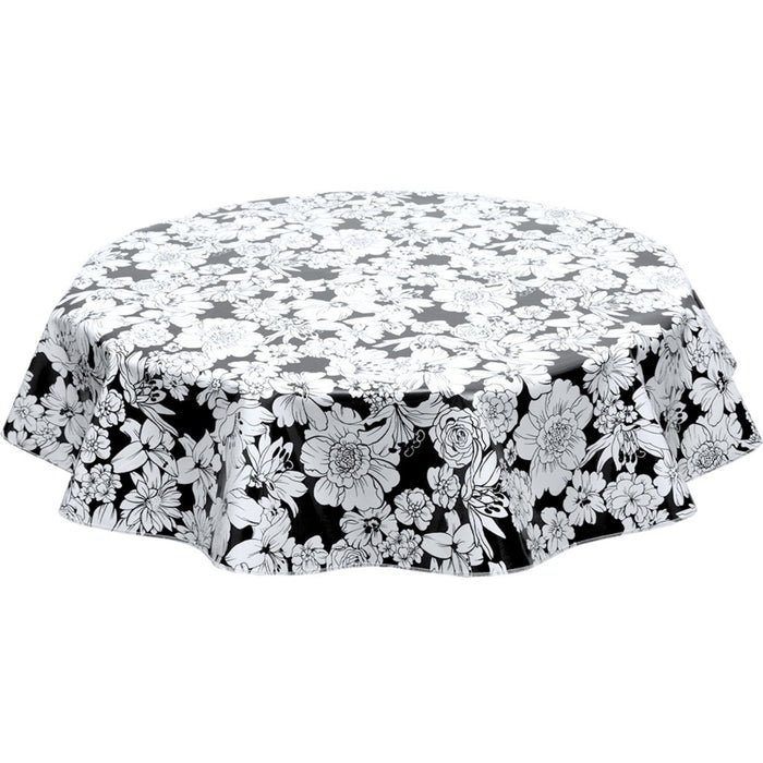 freckled sage round chelsea flowers on black oilcloth tablecloth
