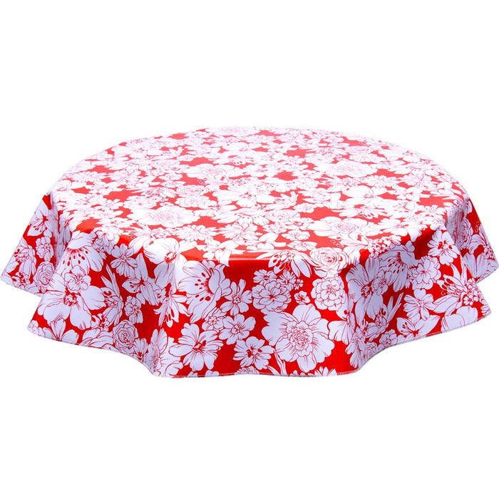freckled sage round chelsea flowers on red oilcloth tablecloth