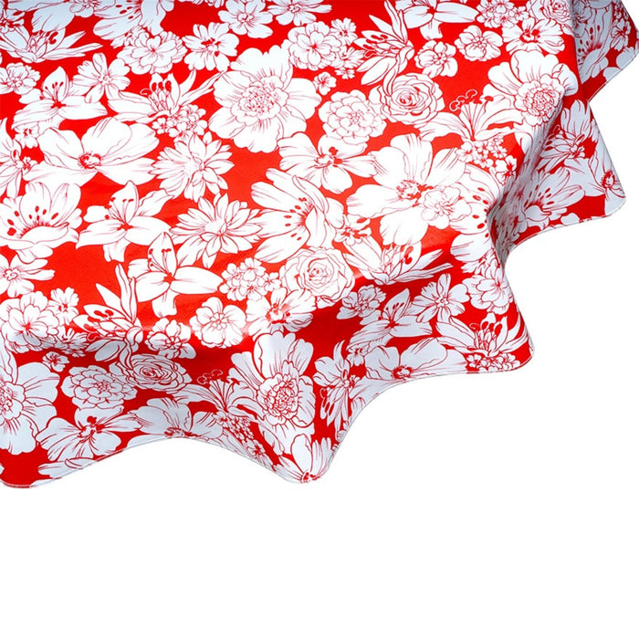 freckled sage round chelsea flowers on red oilcloth tablecloth