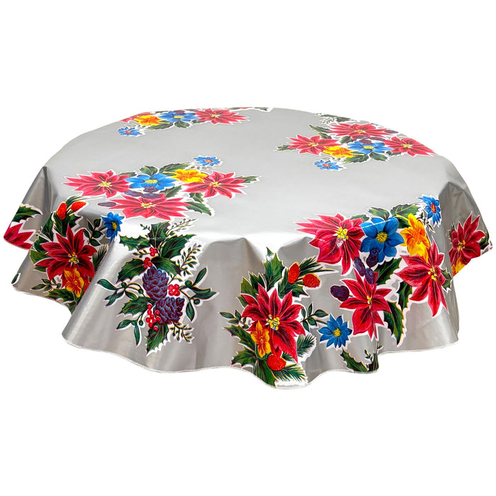 freckled sage round christmas poinsettia silver oilcloth tablecloth