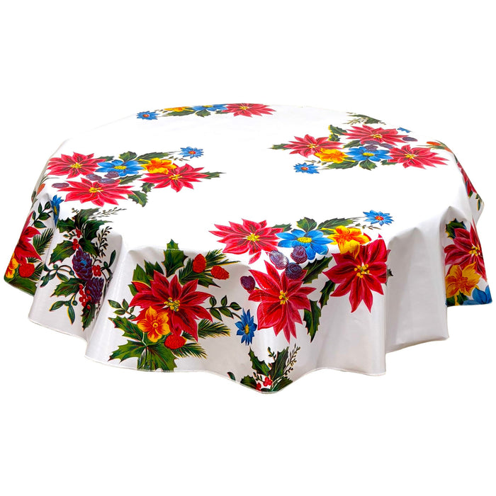 freckled sage round poinsettia white oilcloth tablecloth