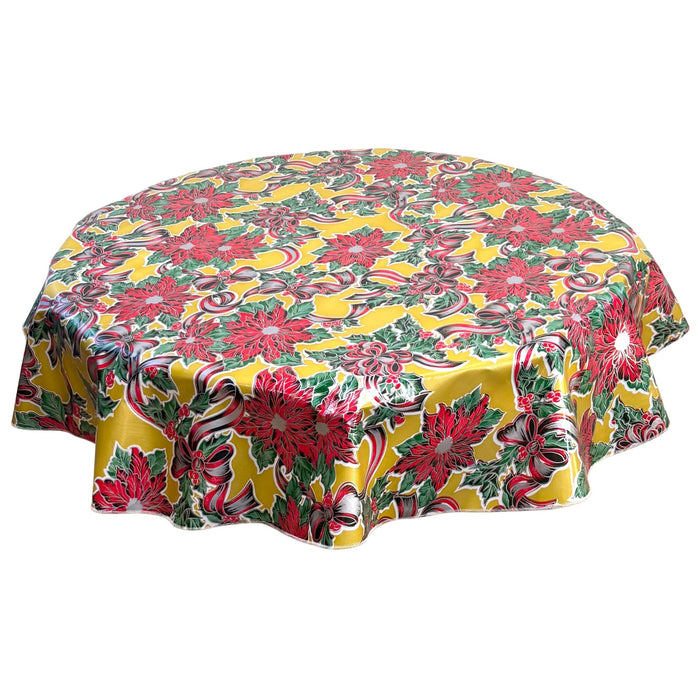 freckled sage round christmas ribbons and holly gold oilcloth tablecloth
