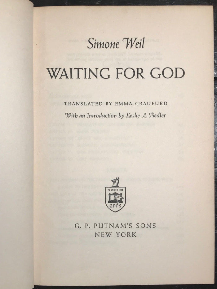 SIMONE WEIL - WAITING FOR GOD 1st/1st US Edition 1951 HC/DJ Religious Philosophy