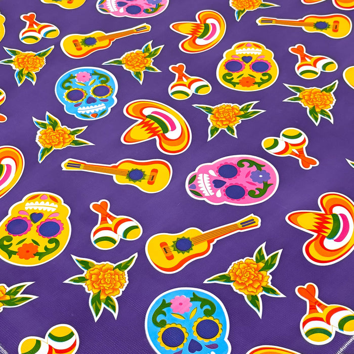 freckled sage skulls on purple oilcloth swatch