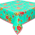 freckled sage rose and grid aqua oilcloth tablecloth with red gingham trim