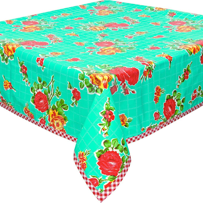 freckled sage rose and grid aqua oilcloth tablecloth with red gingham trim