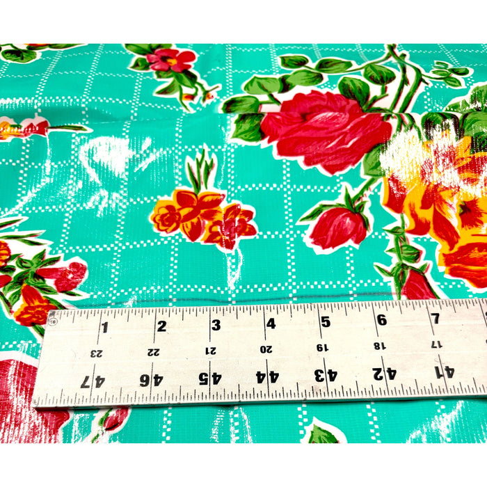 Slightly Imperfect 55" Square Rose and Grid Aqua Oilcloth Tablecloth