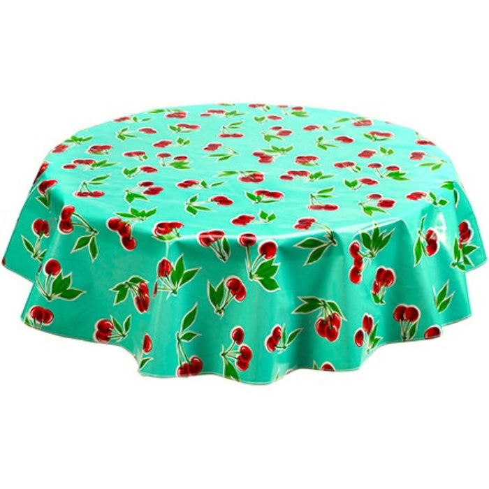 freckled sage round cherry aqua oilcloth tablecloth