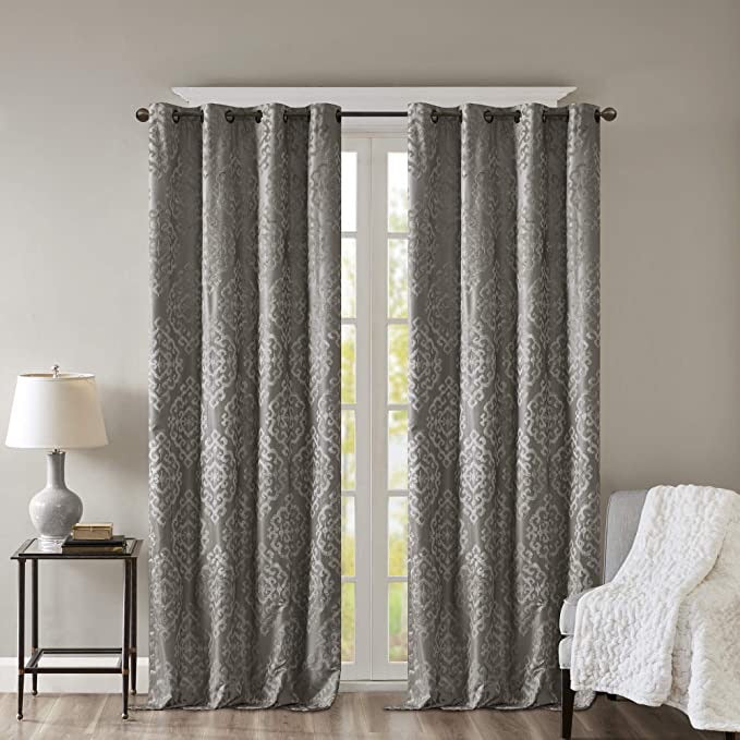 SunSmart Mirage 50”x108” Damask Total Blackout Curtain Panel, Charcoal