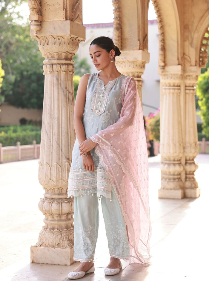 Taveli Organza Light Blue Kurta Set