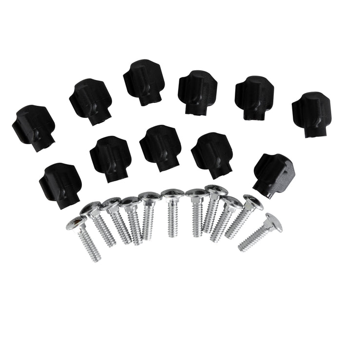 Twelve black ridged plastic knobs and sixteen flat round head silver screws, similar to those from Petmates Tri Wing 0.75 Hardware for Kennels, are displayed on a white background.