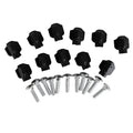 A set of twelve black plastic knobs from Petmates Tri Wing 0.75 Hardware For Kennels is laid out in two rows, with eighteen silver metal screws arranged in three rows, all on a white background.