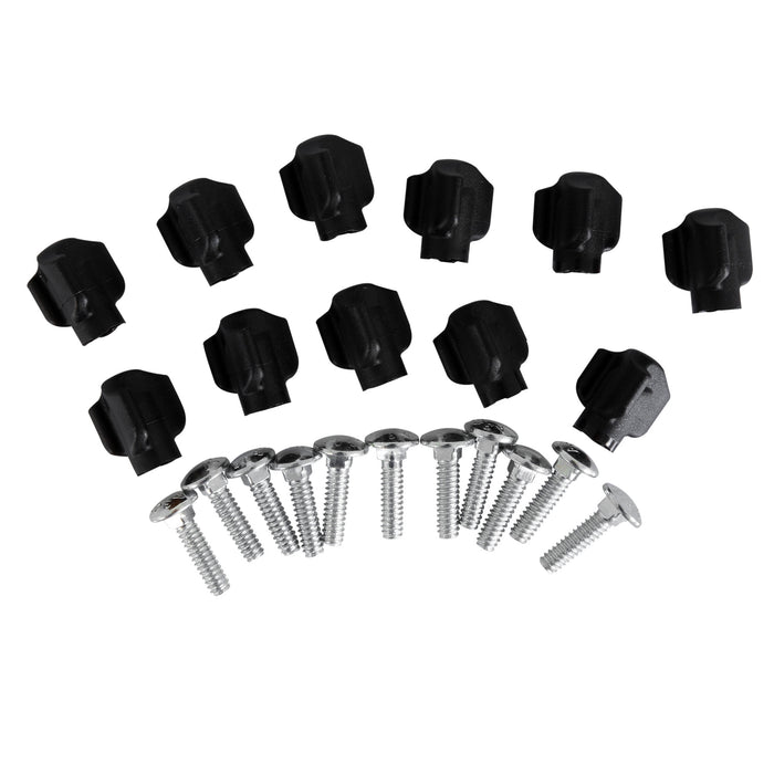 A set of twelve black plastic knobs from Petmates Tri Wing 0.75 Hardware For Kennels is laid out in two rows, with eighteen silver metal screws arranged in three rows, all on a white background.