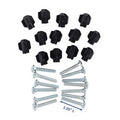 The image displays the Tri Wing 1.25 Hardware For Kennels by Petmate, featuring 14 black plastic screw caps and 14 silver flat-top screws ideal for kennels like the Petmate Sky Kennel. A blue measurement line confirms the screws are 1.25 inches long.