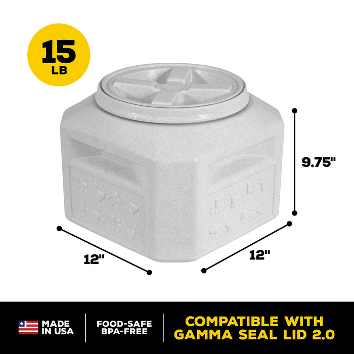 The Vittles Vault Pawprint Outback Food Storage Container, by Vittles Vault, is a 15 lb gray USA-made container perfect for pet food. It features BPA-free plastic and an upgraded Gamma Seal Lid 2.0 with airtight seal. Dimensions: 12 x 12 x 9.75.