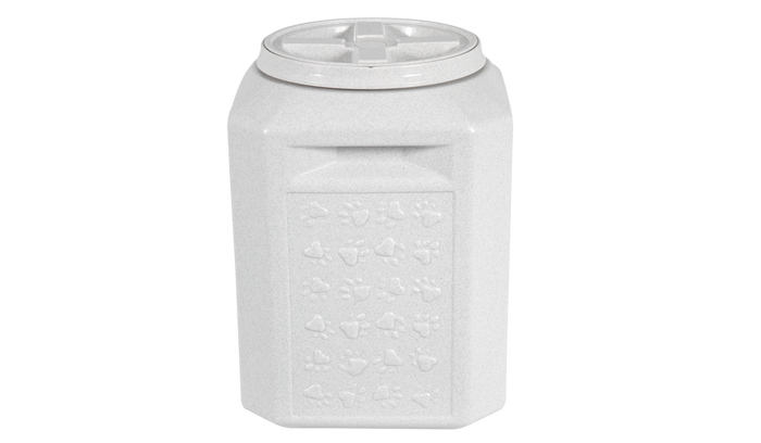 The Vittles Vault Pawprint Outback Food Storage Container features an airtight round lid and a raised panel with a leaf design. Made from BPA-free plastic, its angular shape and smooth surfaces make it ideal for storing pet food. The containers background is white.