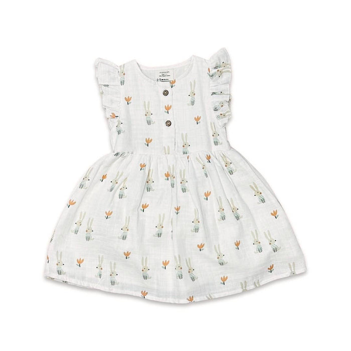 Viverano Organics - Bunny Ruffle & Button Flare Baby Dress+Bloomer (Organic): 6-12M / Soft White