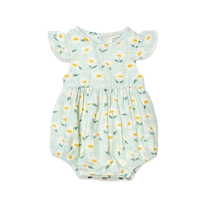 Viverano Organics - Daisies Ruffle Bodysuit Baby Romper (Organic Muslin): 3-6M / Pastel Green