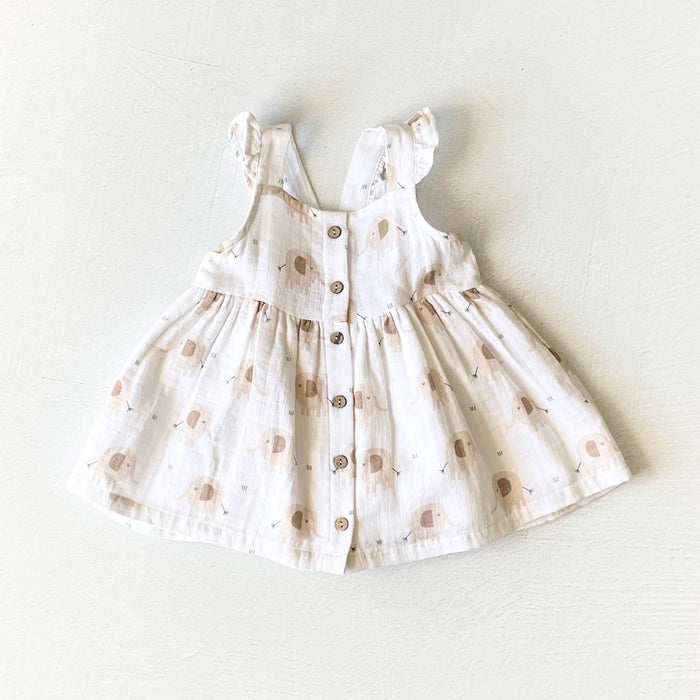 Viverano Organics - Elephant Ruffle & Button Baby Dress+Bloomer (Organic Muslin): 6-12M / Natural