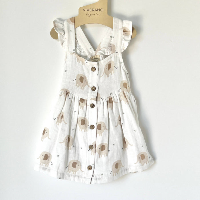 Viverano Organics - Elephant Ruffle & Button Baby Dress+Bloomer (Organic Muslin): 6-12M / Natural