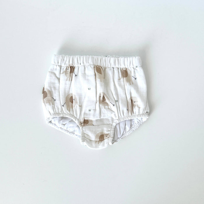 Viverano Organics - Elephant Ruffle & Button Baby Dress+Bloomer (Organic Muslin): 6-12M / Natural