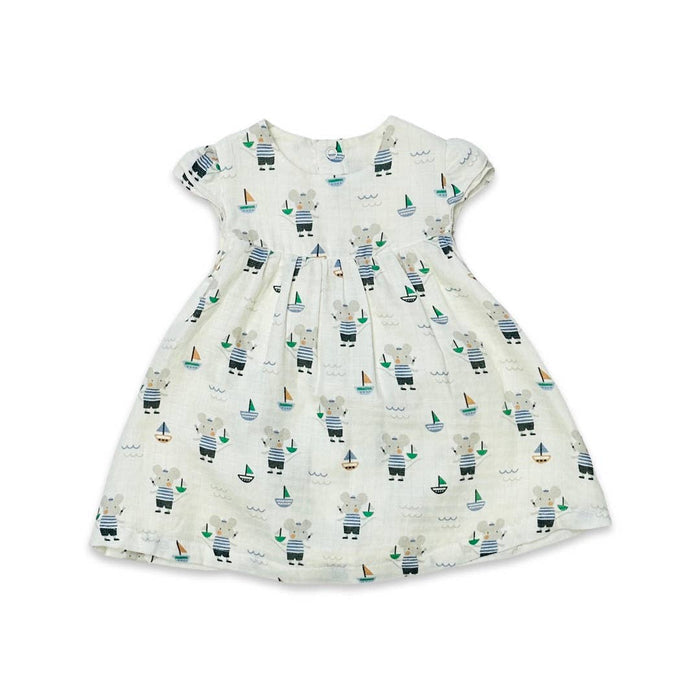 Viverano Organics - Mouse Sailor Cap Sleeve Dress+Bloomer (Organic Muslin): 18-24M / Soft White